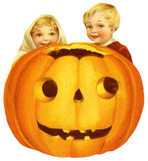 Kids hiding behind a pumpkin